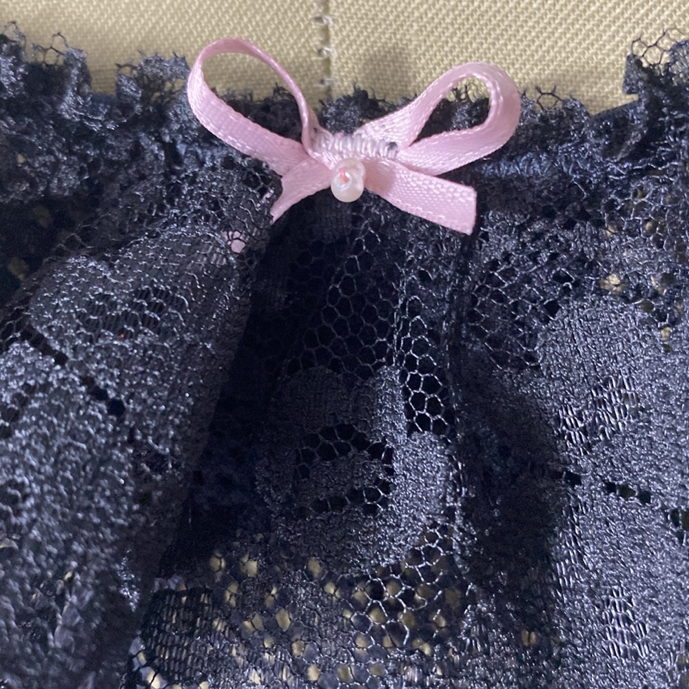 Shirley of Hollywood Black Stretchy Mesh Underwire Pink Bow Babydoll Nighty Med. - Picture 8 of 13